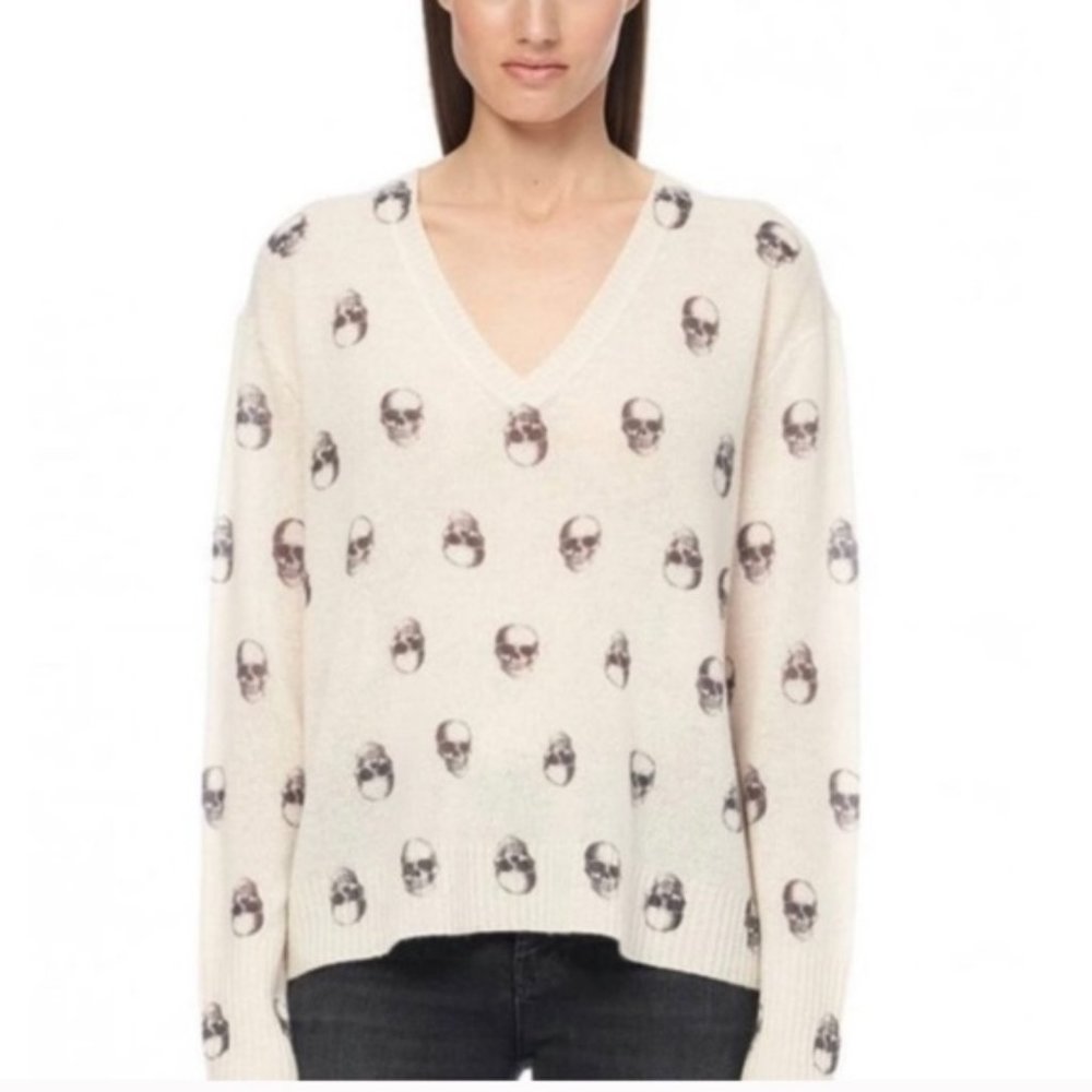 NWT 360 Cashmere Skull Jolie V-neck Chalk Sweater White Cream Small